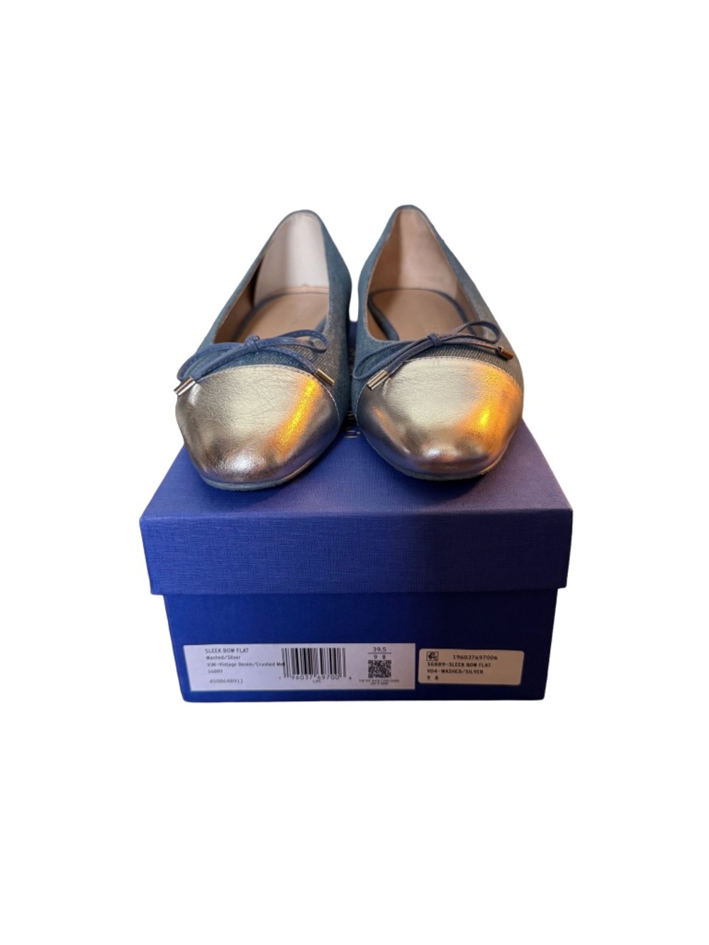 Stuart Weitzman Sleek Bow Denim Ballerina Flat Silver Cap Toe Size 9 - Picture 5 of 7